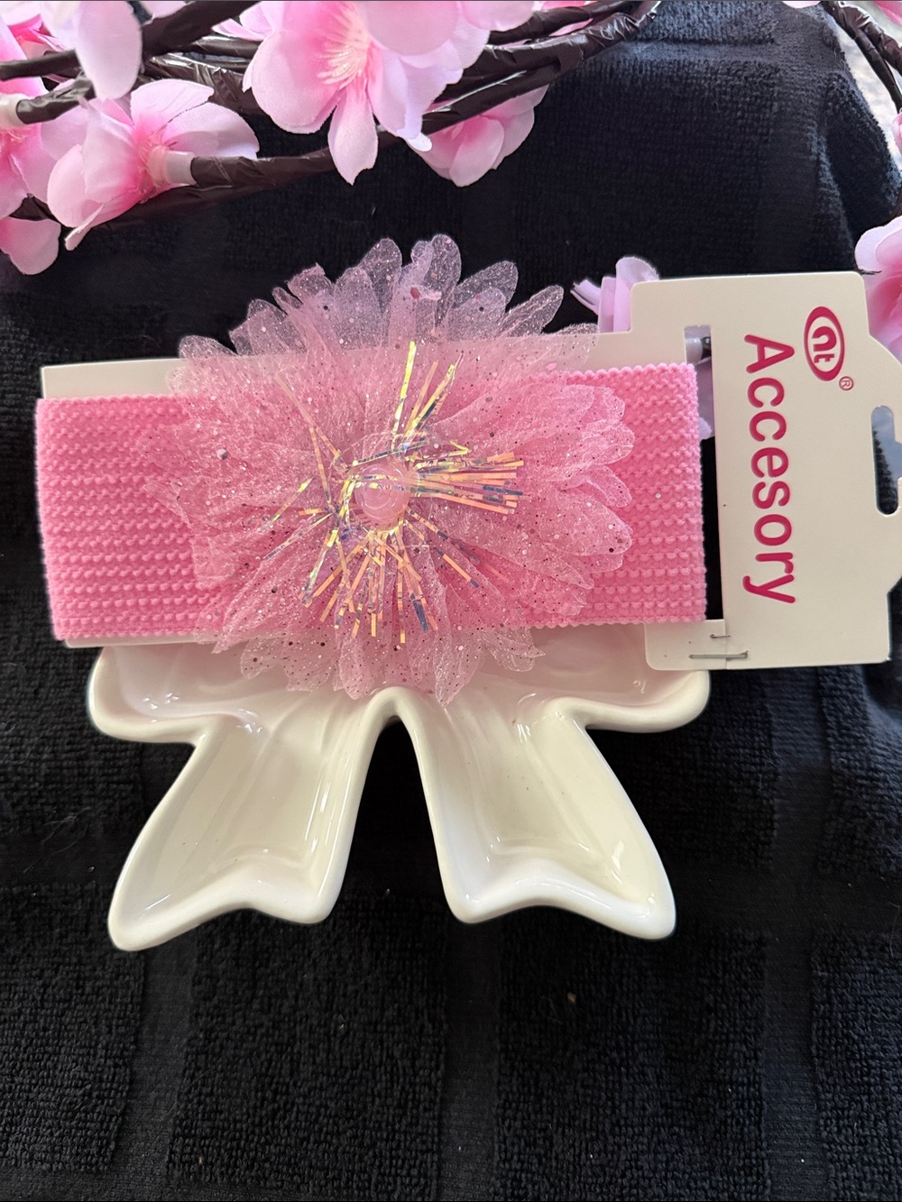 Pink Glitter Flower Stretch Headband for Kids